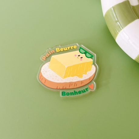 Magnet frigo en forme de tartine beurre avec texte Pain Beurre Bonheur