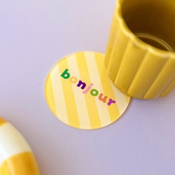 Dessous de verre rayures jaune bonjour, thème coffee corner