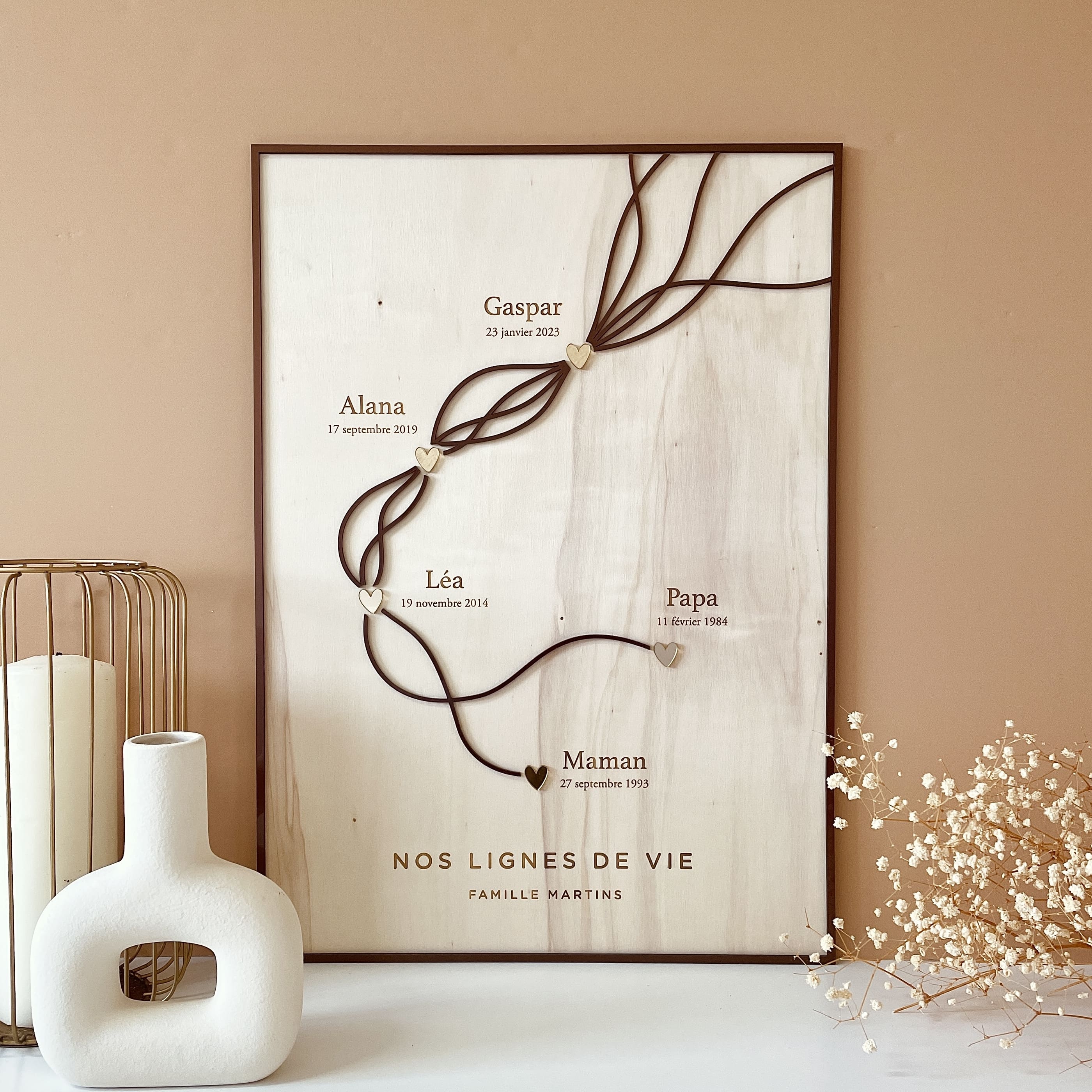 Affiche en bois Lignes de vie personnalisée avec les prénoms et dates de la famille