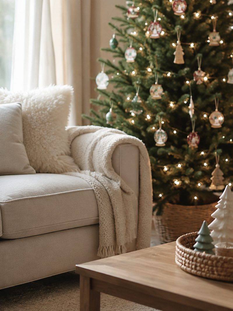 Salon chaleureux décoré pour Noël avec sapin et lumières en arrière-plan